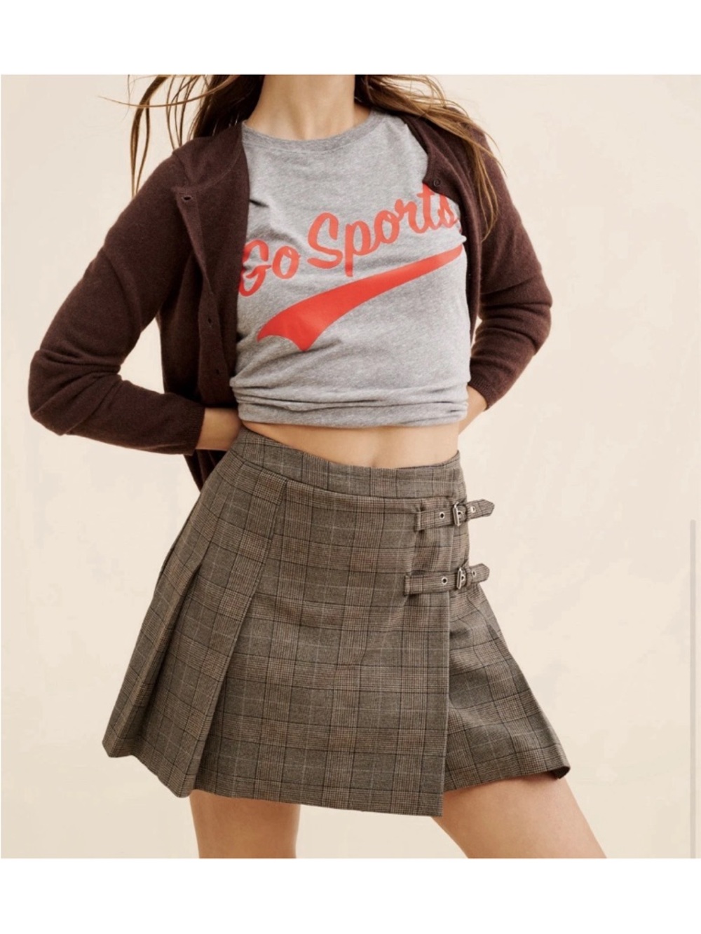 NWT Anthropologie Wayf woven pleated miniskirt kilt buckles plaid brown Large